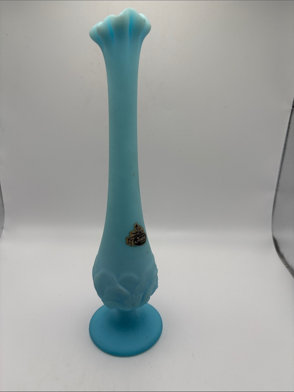 Fenton Blue Satin Water Lily Swung Bud Vase